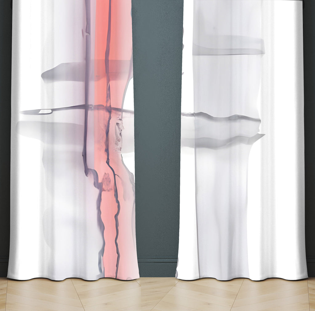 Abstract Watercolor Window Curtains - Salmon, White and Gray Vertical Stripe Print - Deja Blue Studios