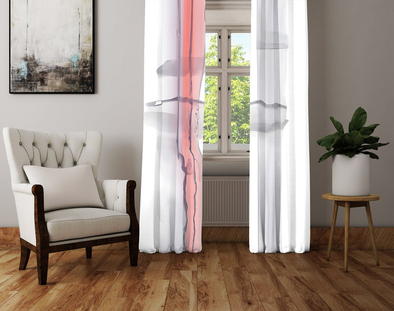 Abstract Watercolor Window Curtains - Salmon, White and Gray Vertical Stripe Print - Deja Blue Studios