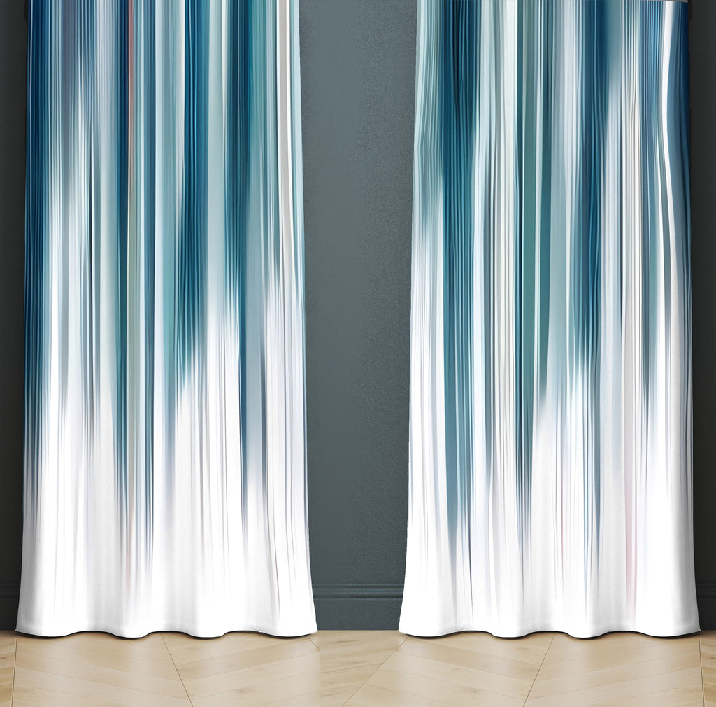 Abstract Striped Window Curtains - Blue and White Falling Rain Stripes - Deja Blue Studios