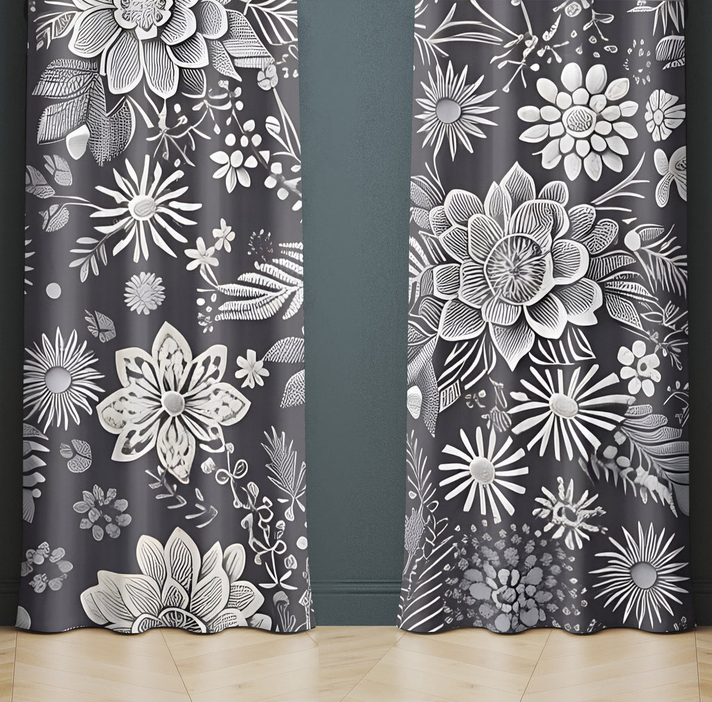 Floral Window Curtains - Gray and White Sketch Flowers Print - Deja Blue Studios