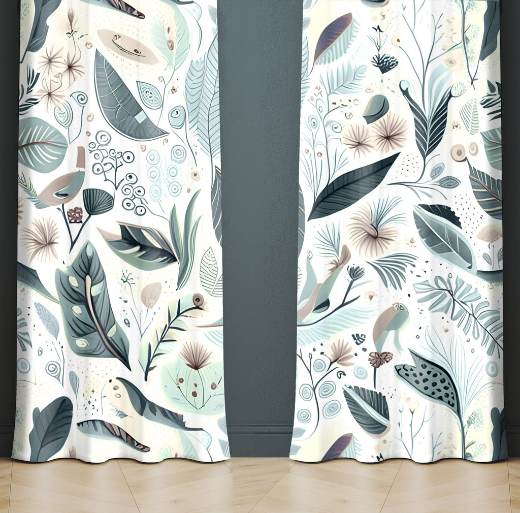 Chic Woodland Window Curtains - White, Blue and Green Whimsical Leaf and Twig Themed Print - Deja Blue Studios