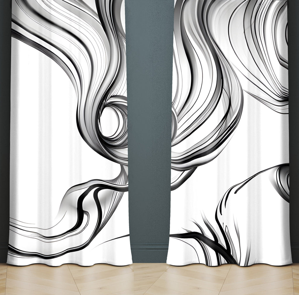 Line Art Window Curtains - Black and White Thick Dropping Lines Print - Deja Blue Studios