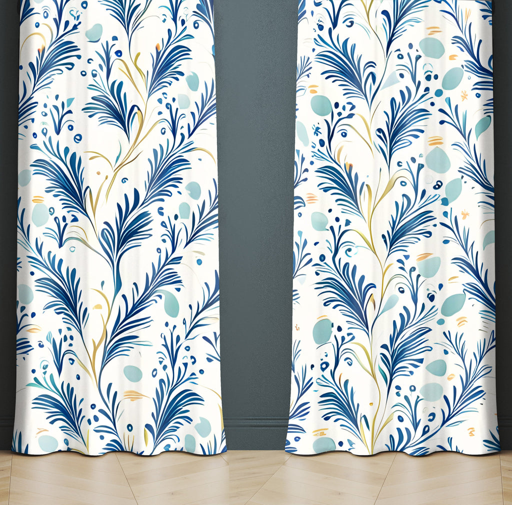 Country Style Window Curtains - Chic White and Blue Leaf Pattern Print - Deja Blue Studios