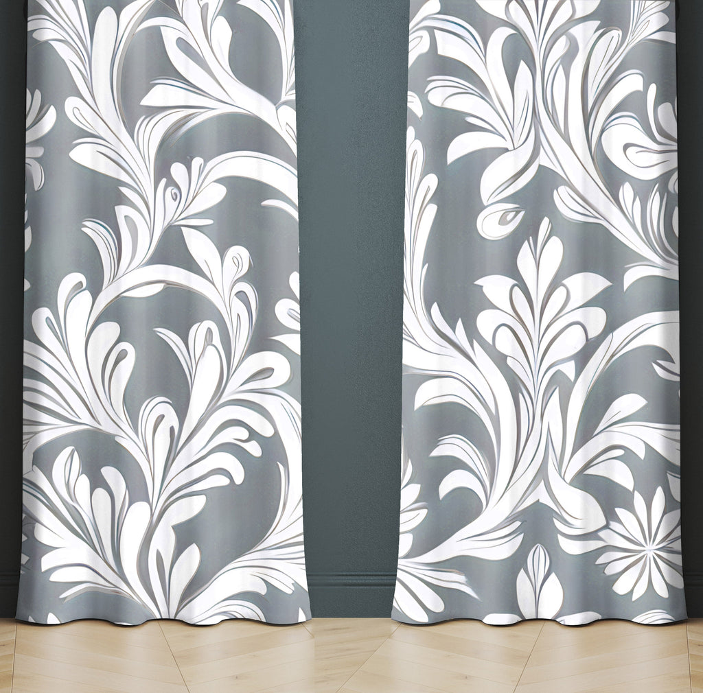 Abstract Damask Window Curtains - Gray and White Ornate Style Pattern - Deja Blue Studios