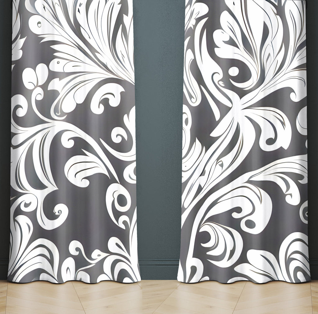 Abstract Damask Window Curtains - Dark Gray and White Whimsical Ornate Pattern - Deja Blue Studios