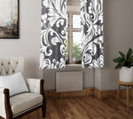 Abstract Damask Window Curtains - Dark Gray and White Whimsical Ornate Pattern - Deja Blue Studios