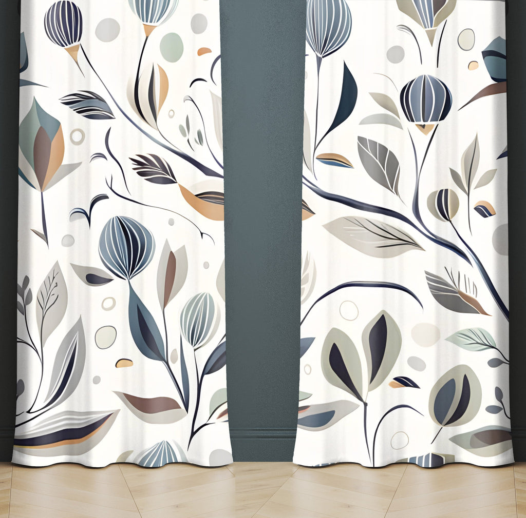 Chic Abstract Window Curtains - Off White and Light Blue Stick and Plant Print - Deja Blue Studios