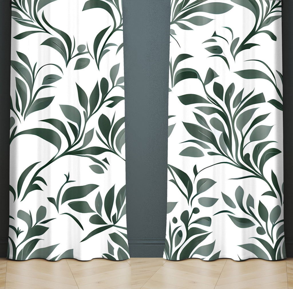 Minimal Green Window Curtains - White and Green Chic Leaf Pattern - Deja Blue Studios