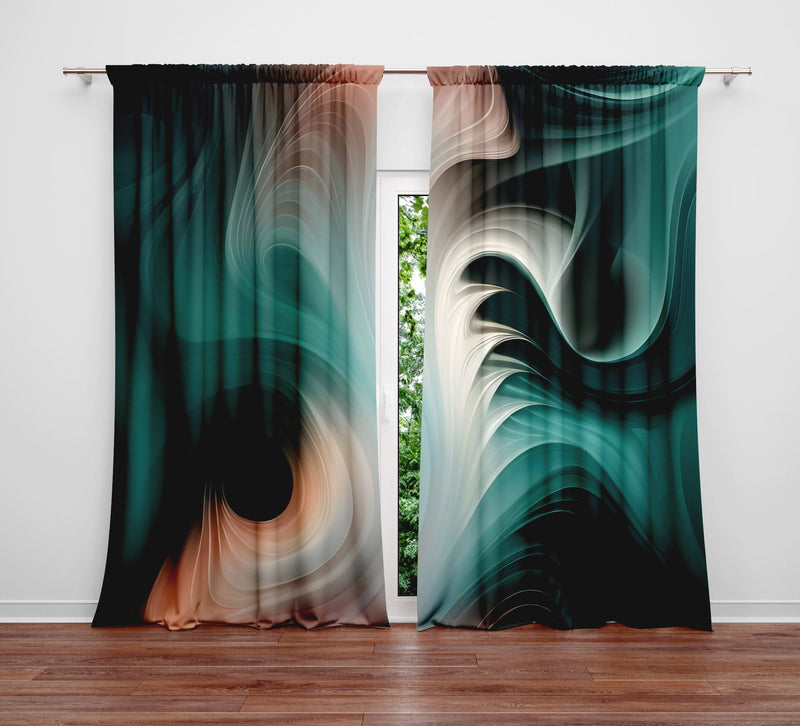Abstract Smoke Window Curtains - Turquoise, Pink and Black Swirl Pattern - Deja Blue Studios