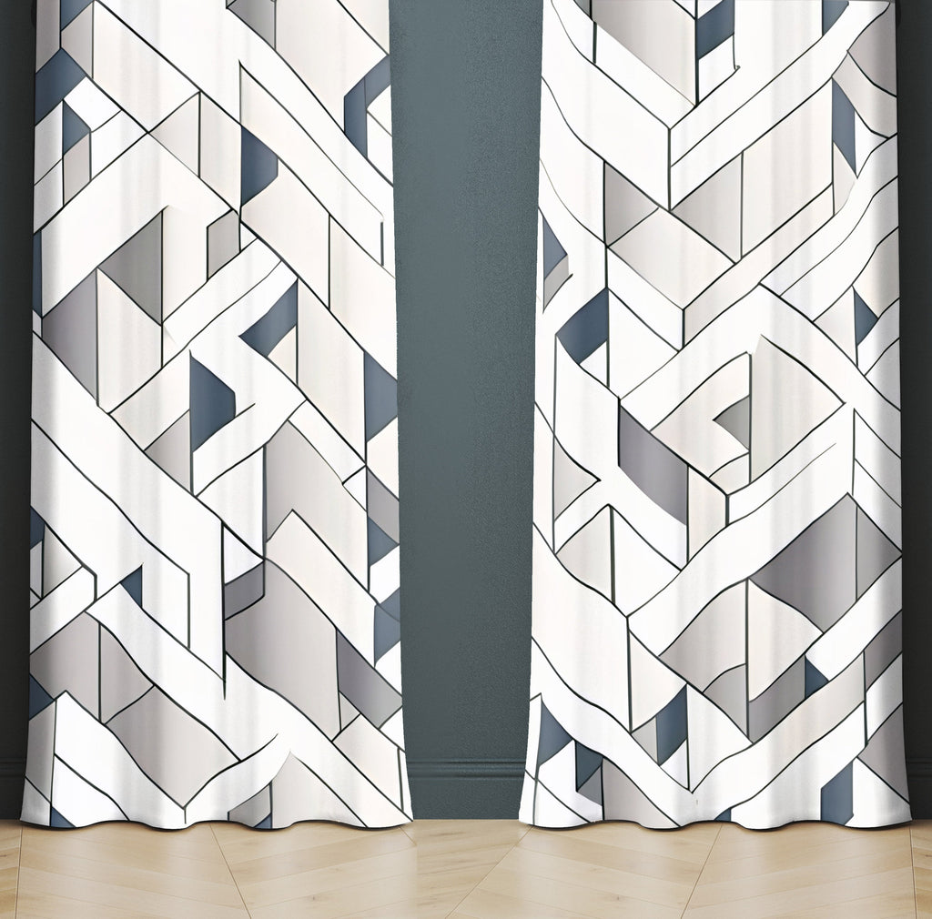 Abstract Maze Pattern Window Curtains - Blue, Beige and Gray - Deja Blue Studios