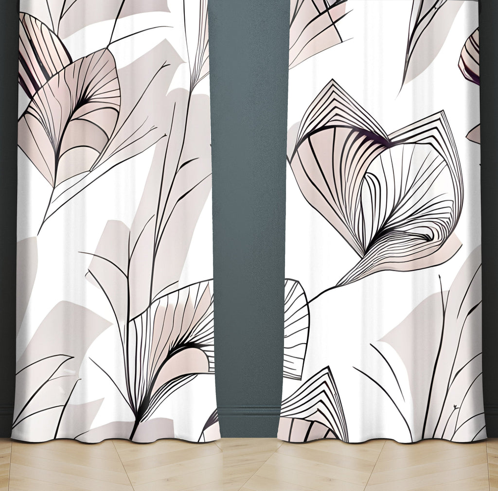 Chic Floral Window Curtains - Beige, Blush and White Fanned Leaf Print - Deja Blue Studios