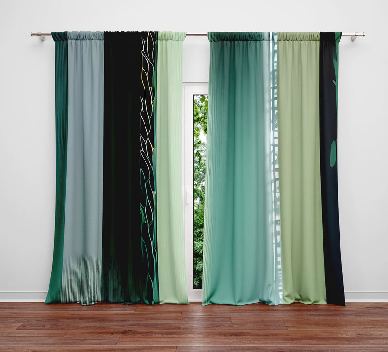 Abstract Striped Window Curtains - Shades of Green Striped Pattern - Deja Blue Studios