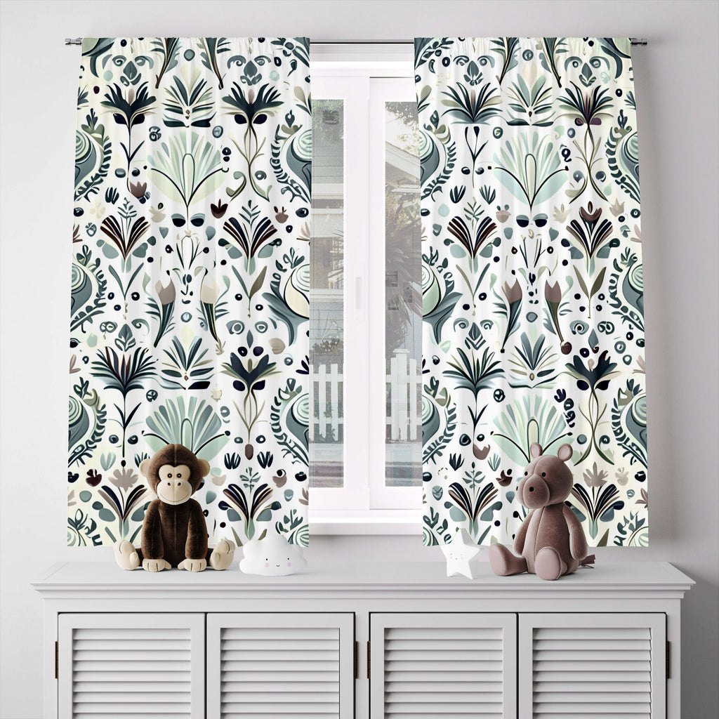 Green and White Pattern Window Curtains - Small Print - Deja Blue Studios