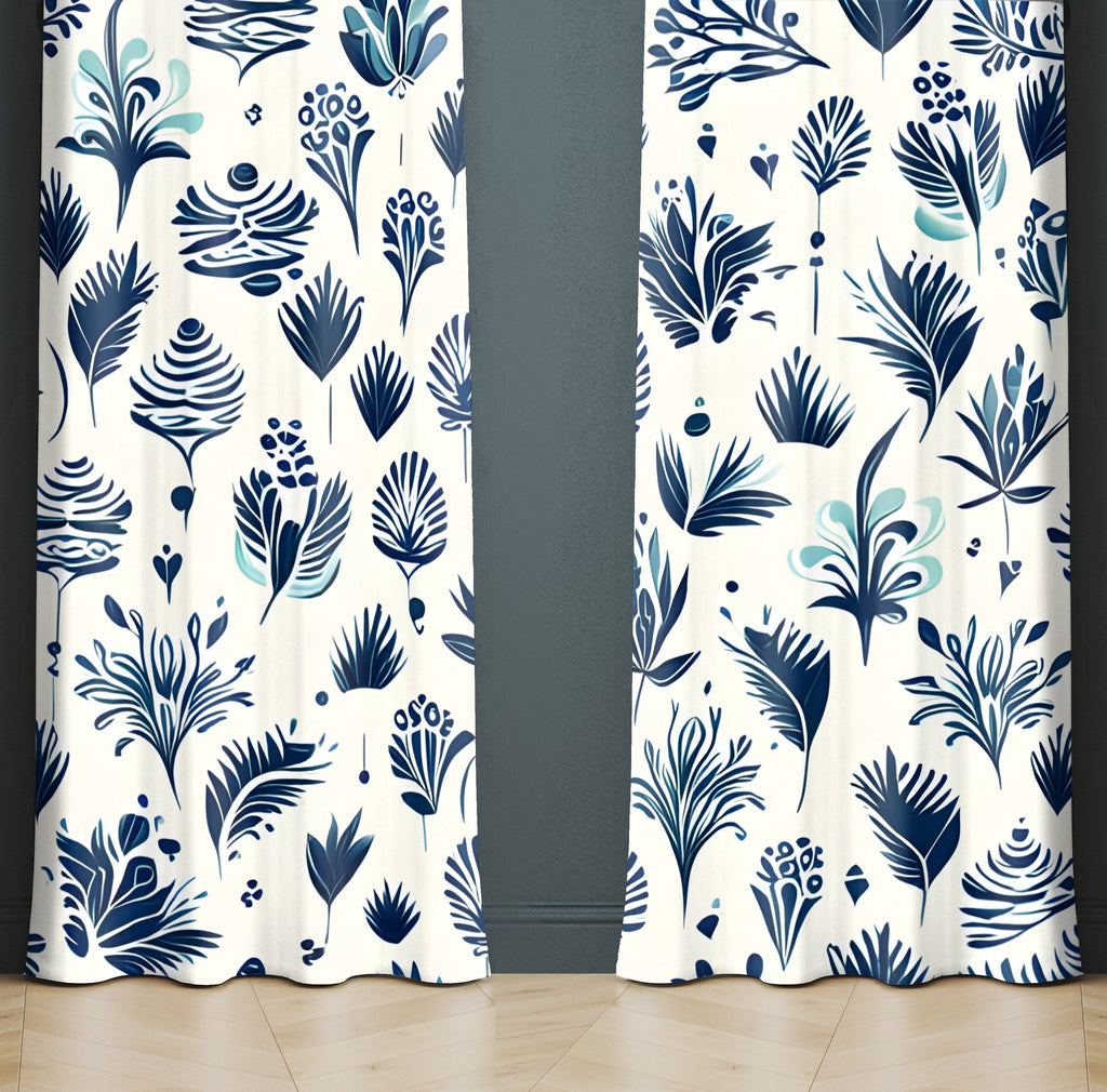 Chic Farmhouse Window Curtains - Blue and Off White Leaf Print - Deja Blue Studios