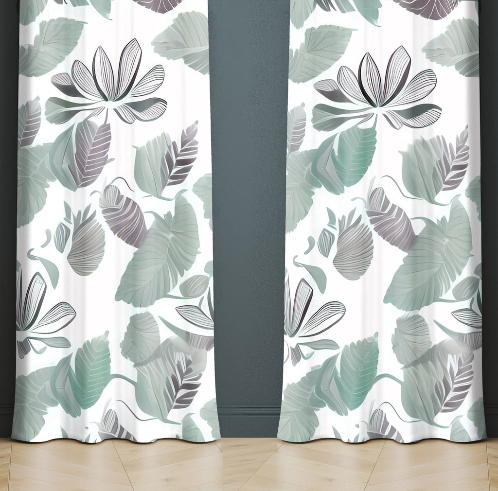Chic Window Curtains - Green and Purple Abstract Leaf Style Print - Deja Blue Studios