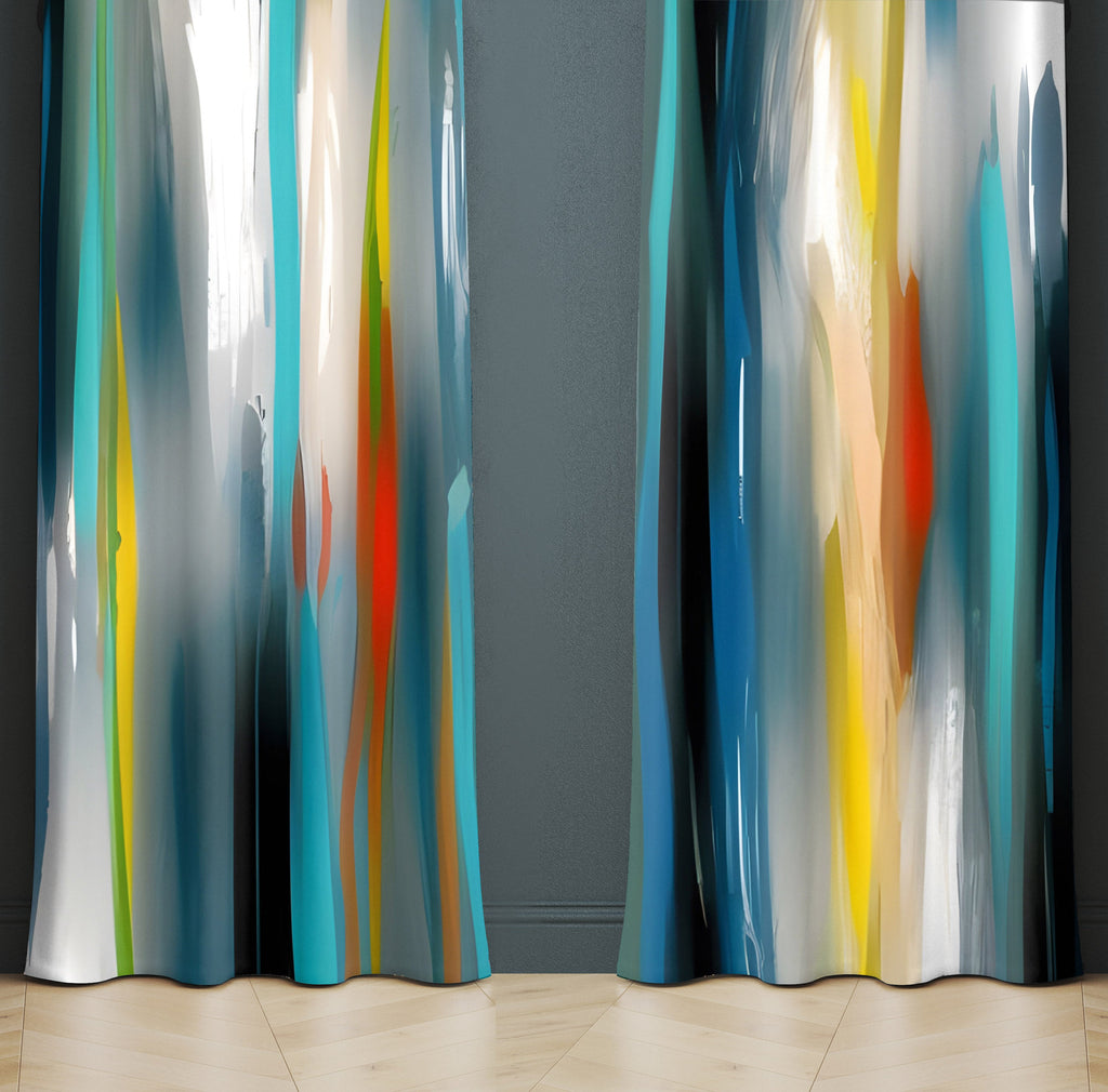 Abstract Striped Window Curtains - Blue, White and Yellow Broken Stripe Design - Deja Blue Studios