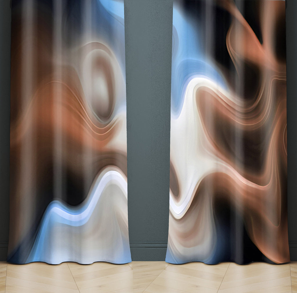 Abstract Window Curtains - Brown and Blue Smoke Swirl - Deja Blue Studios