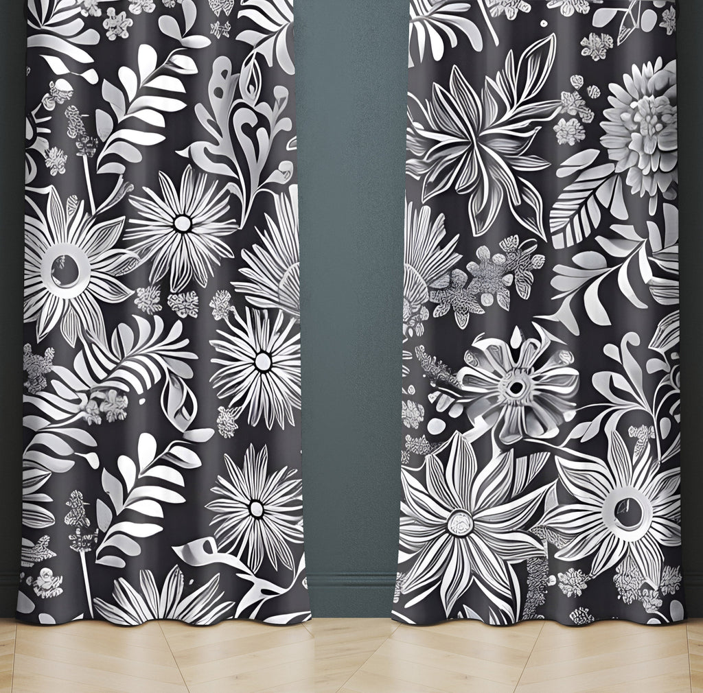 Floral Window Curtains - Black and White Flower and Leaf Sketch Line Print - Deja Blue Studios