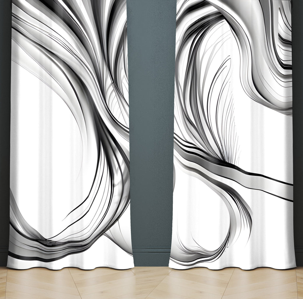 Line Art Window Curtains - Black and White Flow and Swirl Line Design - Deja Blue Studios