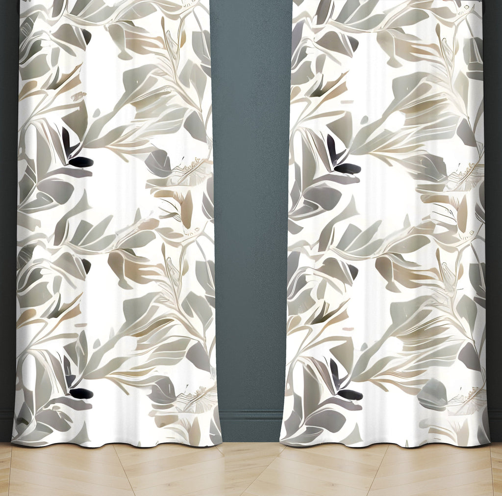 Abstract Window Curtains - Brown, Gray and White Floral Style Print - Deja Blue Studios