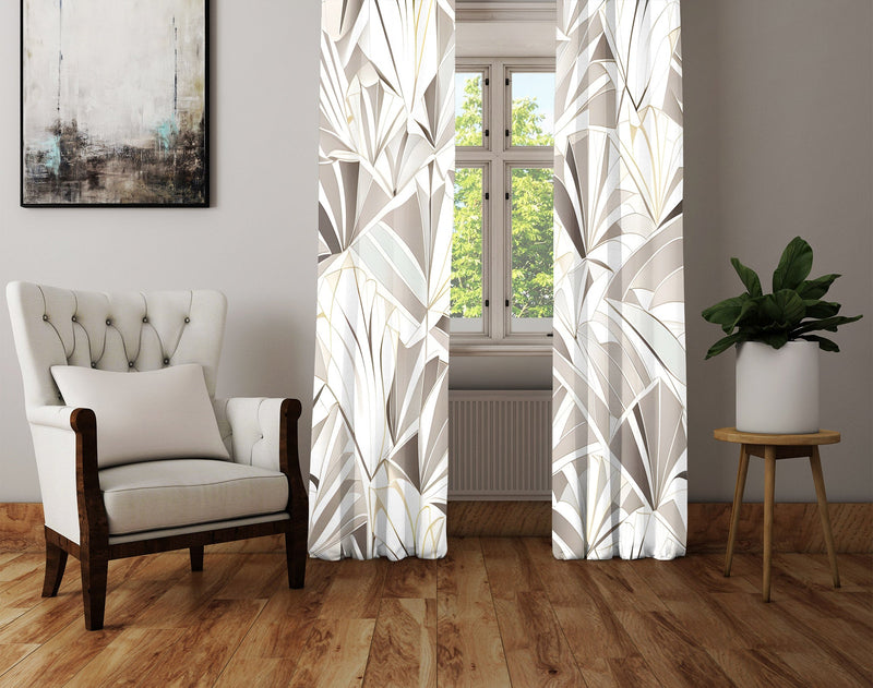 Abstract Art Deco Window Curtains - Brown and Beige Fanned Shape Design - Deja Blue Studios