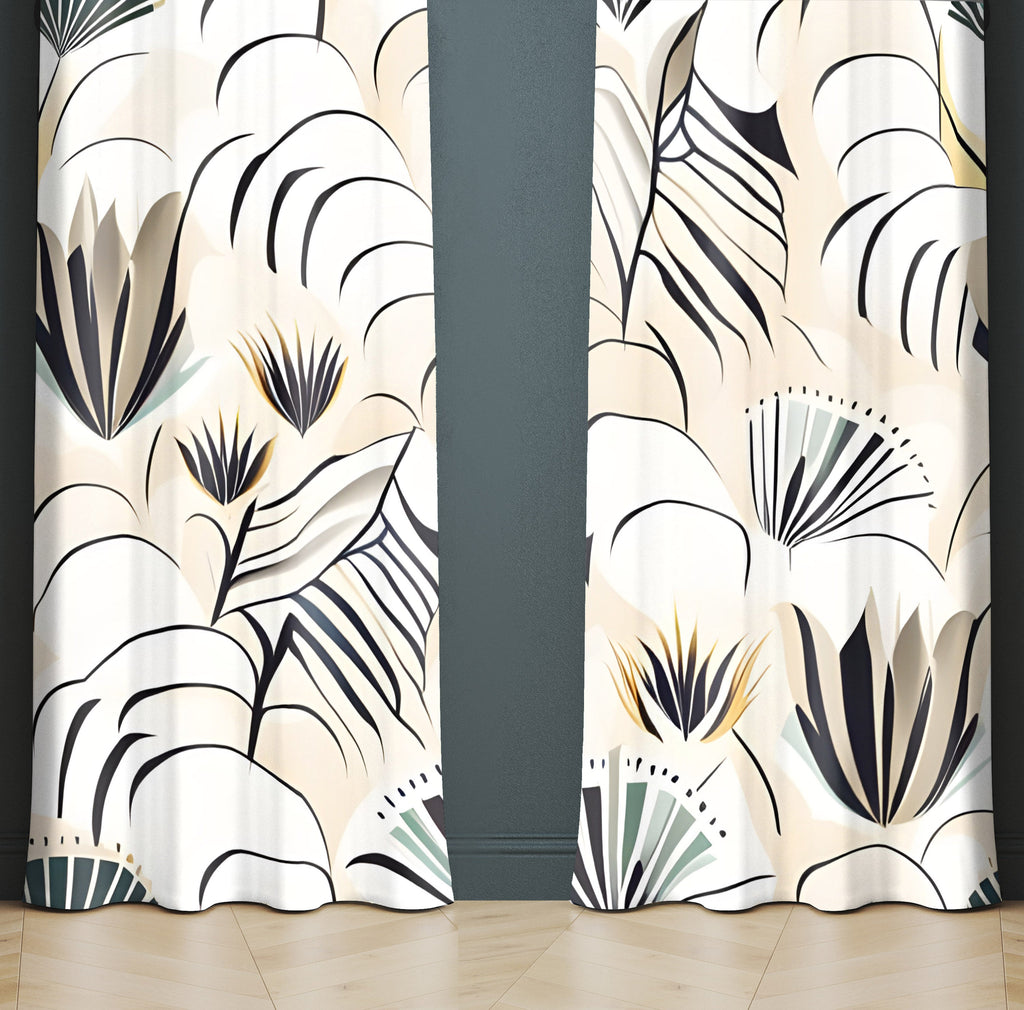 Mid Century Style Window Curtains - Pale Yellow , Black and White Modern Style Print - Deja Blue Studios