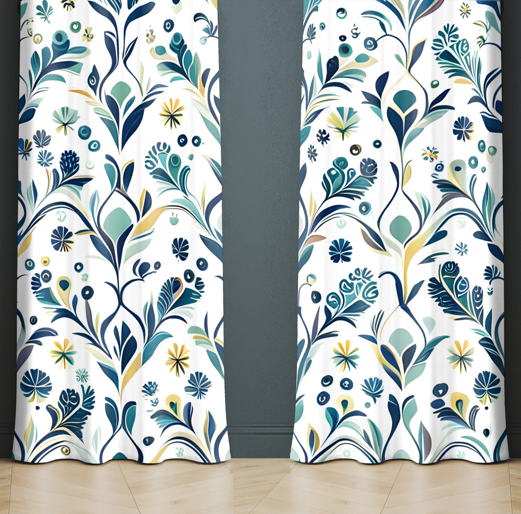 Chic Farmhouse Blue Window Curtains - Small Print Leaf and Wheat Abstract Design - Deja Blue Studios