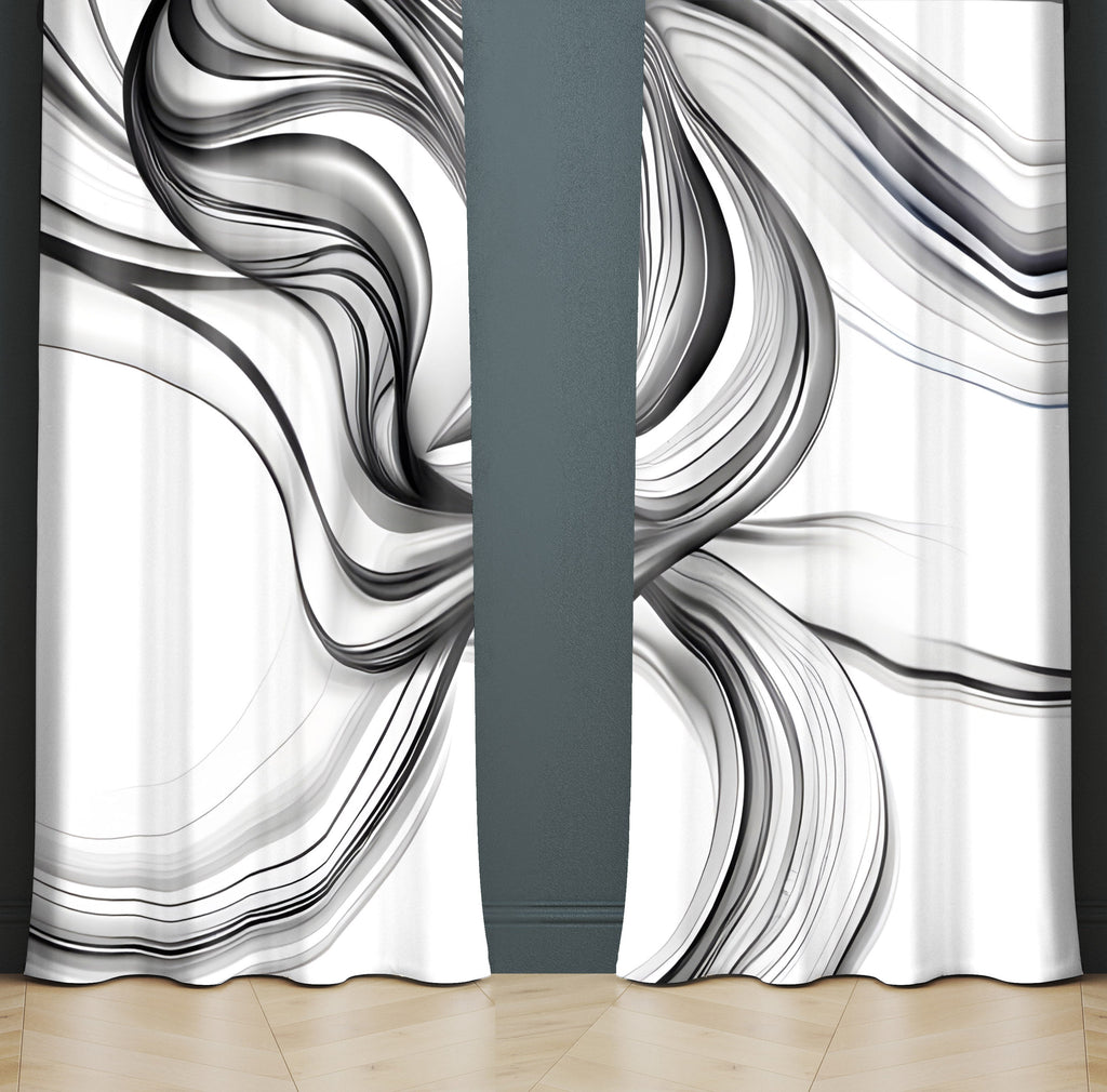 Line Art Window Curtains - White Curtains with Flowing Black Lines - Deja Blue Studios