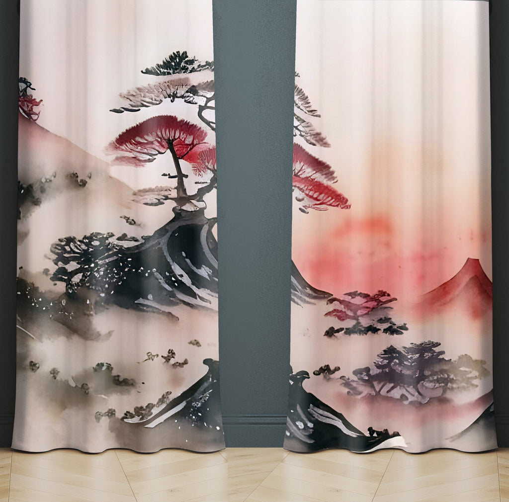 Abstract Window Curtain - Red and Black Bonsai Tree Landscape - Deja Blue Studios