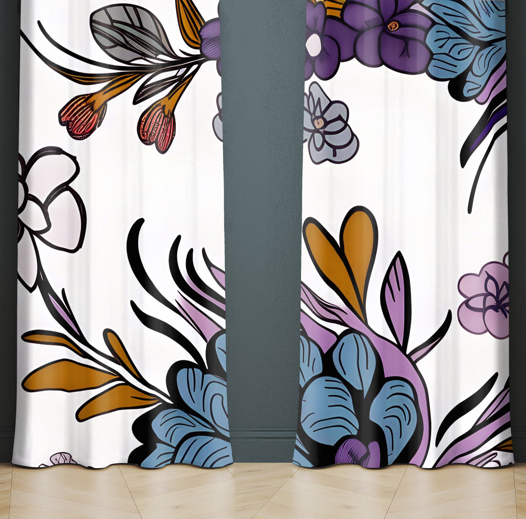 Floral Window Curtain - Purple, Blue, and Gold Flowers - Deja Blue Studios
