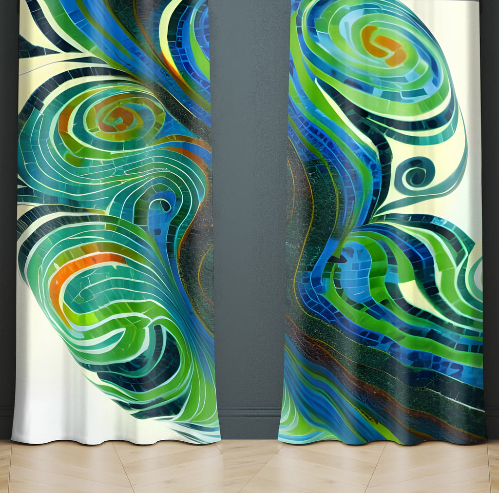 Abstract Window Curtain - Blue and Green Mosaic Tiles - Deja Blue Studios