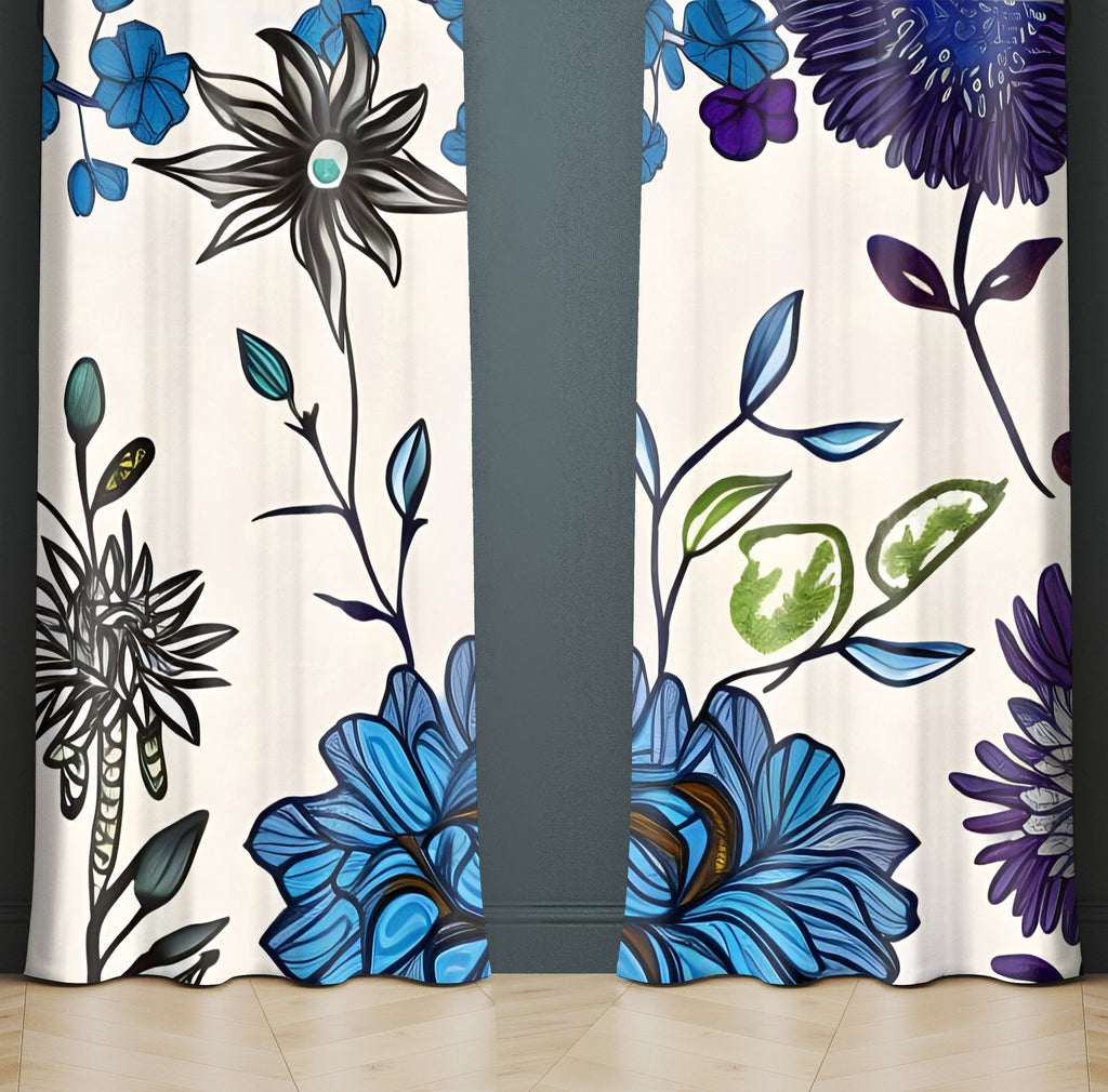 Floral Window Curtain - Purple and Blue Abstract Flowers - Deja Blue Studios