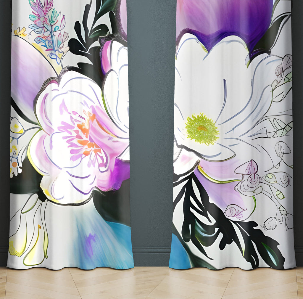 Floral Window Curtain - Purple and White Dahlia - Deja Blue Studios