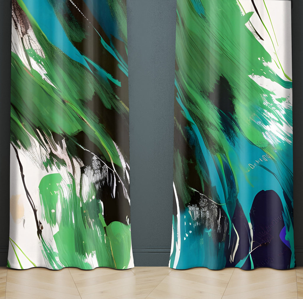 Abstract Window Curtain - Blue and Green Splatters - Deja Blue Studios