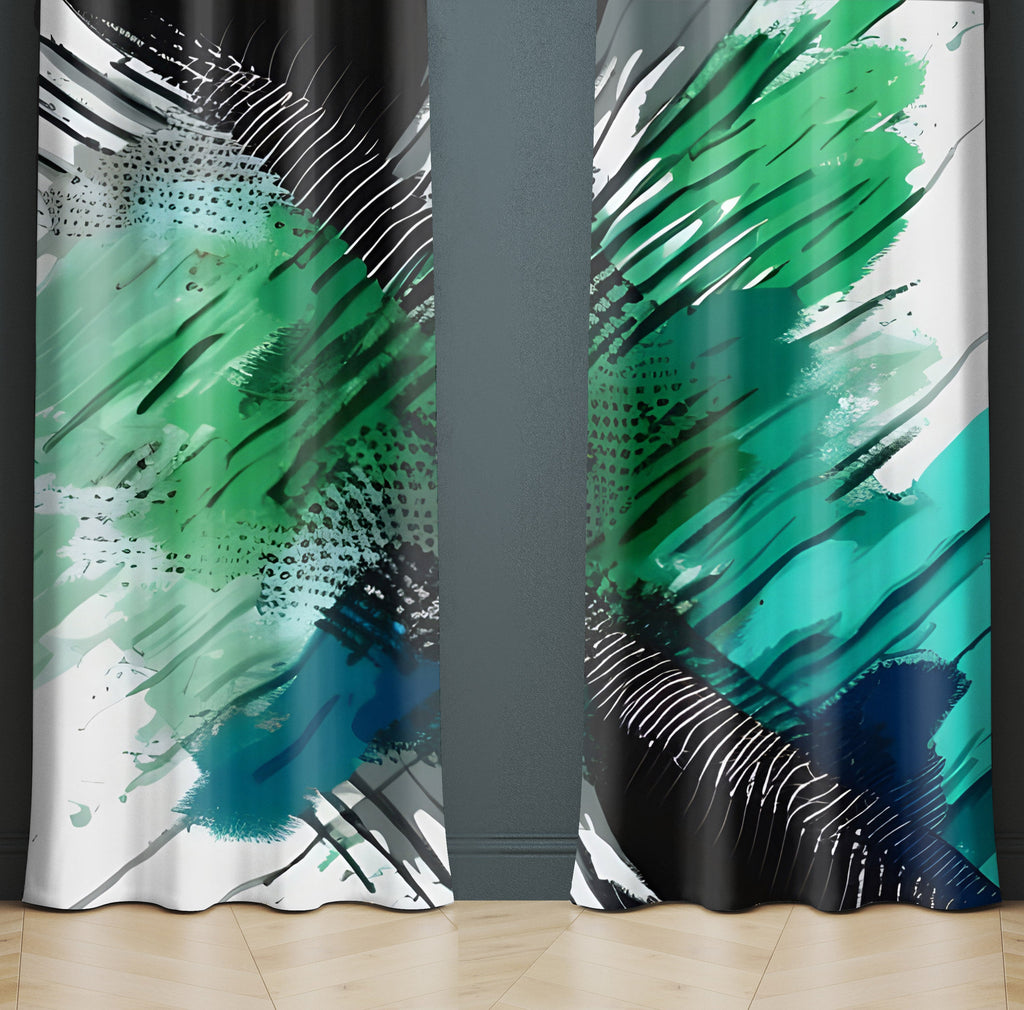 Abstract Window Curtain - Green, Blue, and Black Paint Swipes - Deja Blue Studios