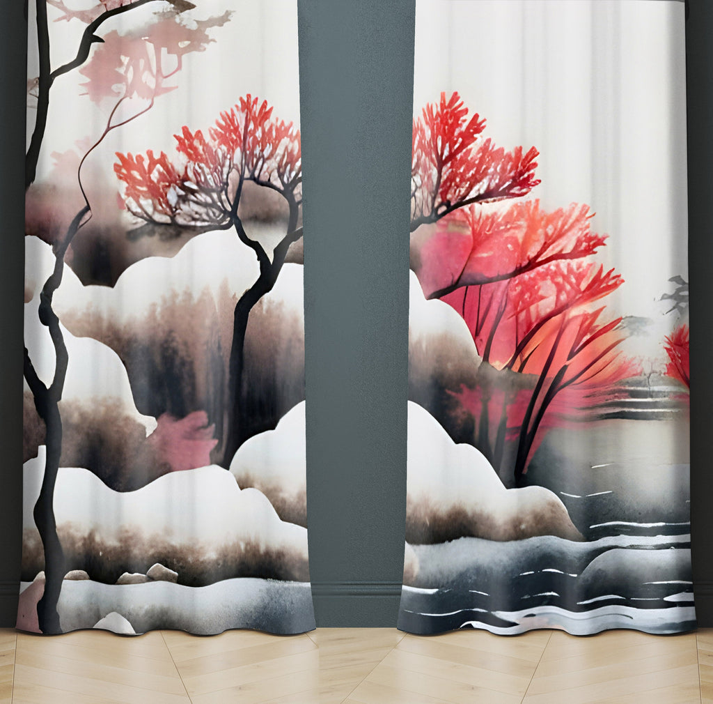 Abstract Window Curtain - Red and Gray Bonsai Clouds - Deja Blue Studios