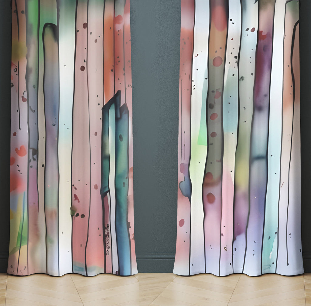 Abstract Window Curtain - Watercolor Rainbow Stripes - Deja Blue Studios