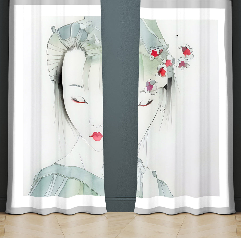 Abstract Window Curtain - Watercolor Geisha Portrait - Deja Blue Studios