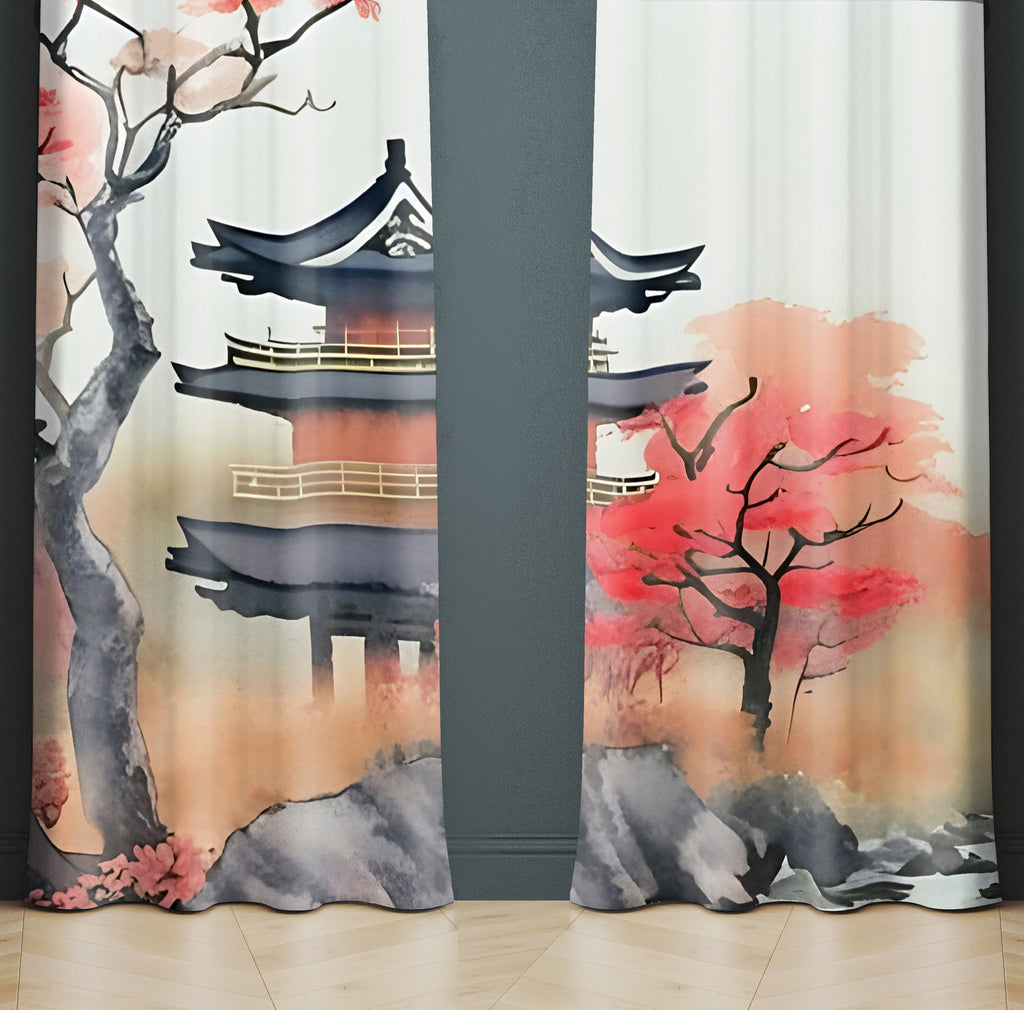 Abstract Window Curtain - Fall Japanese Watercolor - Deja Blue Studios