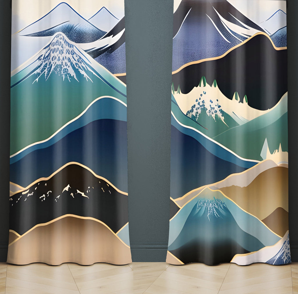 Abstract Window Curtain - Blue and Gray Winter Mountains - Deja Blue Studios