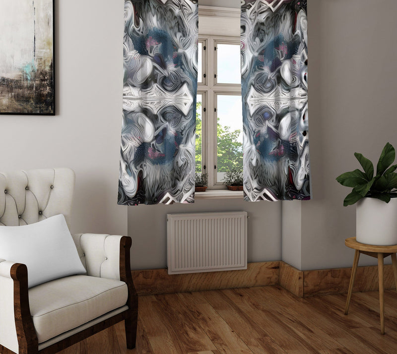 Abstract Window Curtain - Blue and Gray Whirlpools - Deja Blue Studios
