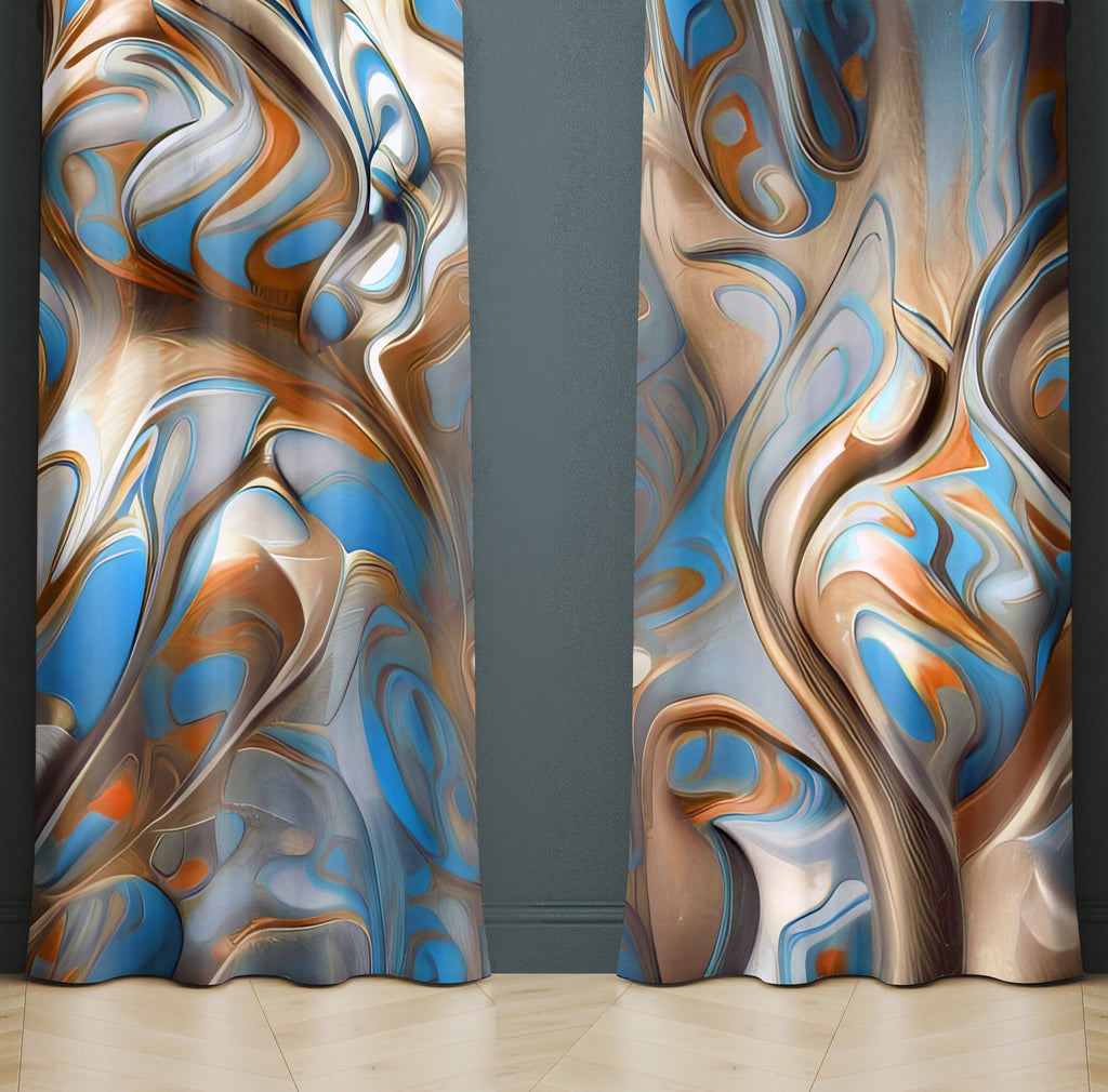 Abstract Window Curtain - Blue and Brown Faux Alcohol Ink - Deja Blue Studios