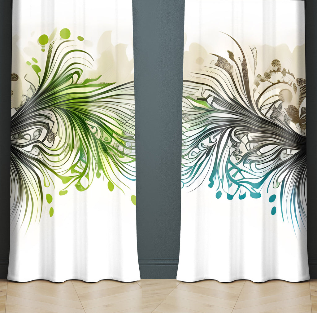 Abstract Window Curtain - Blue and Green Watercolor Peacock Feathers - Deja Blue Studios
