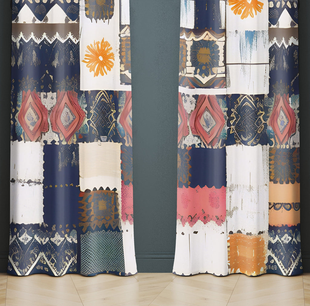 Abstract Window Curtain - Blue, Yellow, and Red Floral Quilt - Deja Blue Studios
