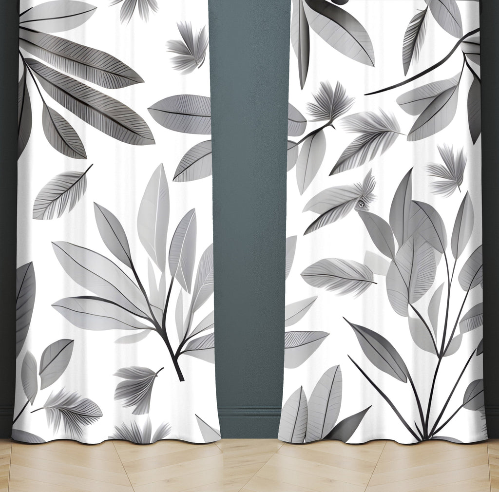 Floral Window Curtain - Grayscale Leaf Bunches - Deja Blue Studios
