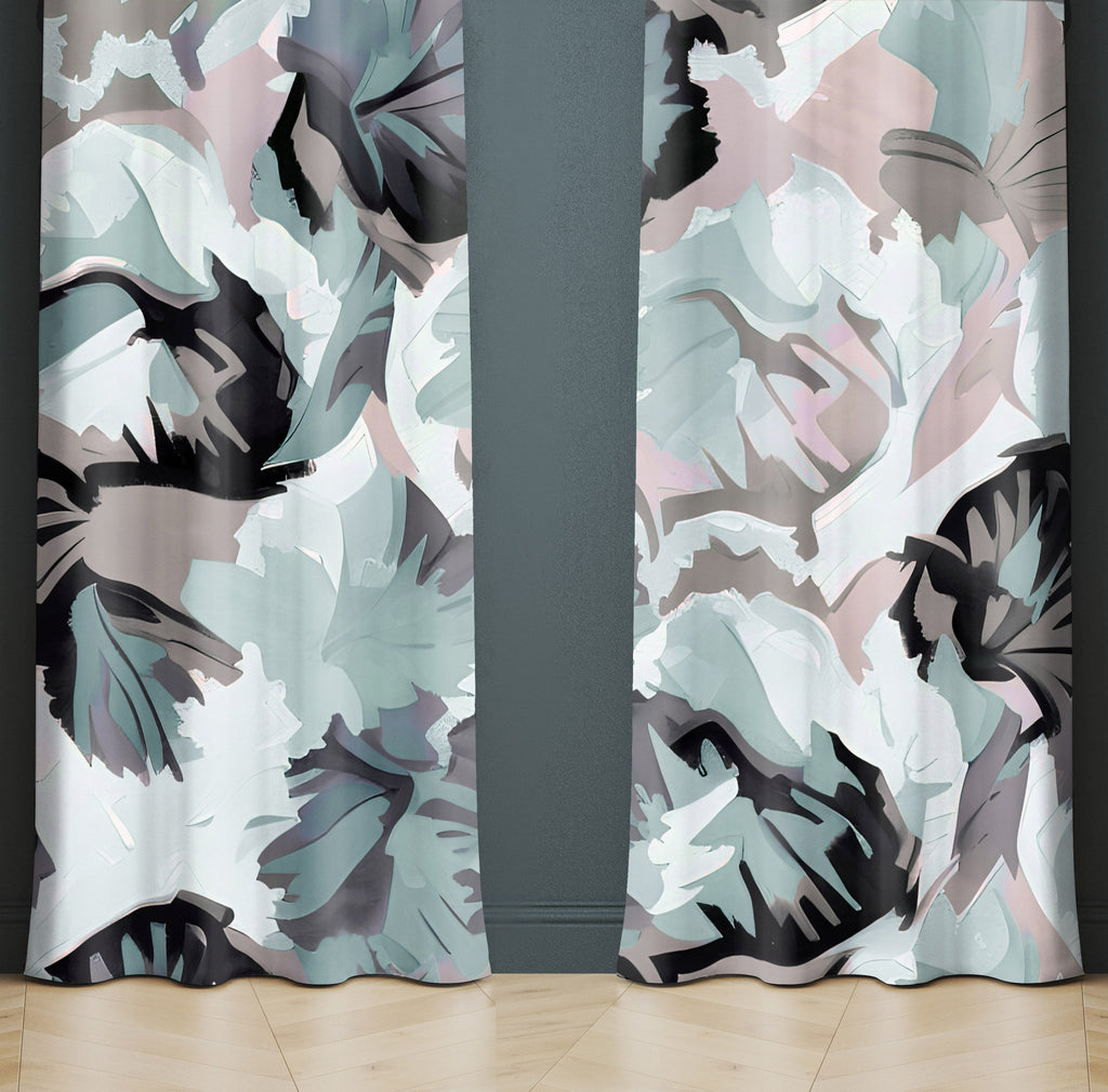 Abstract Window Curtain - Blue and Gray Watercolor Leaves - Deja Blue Studios