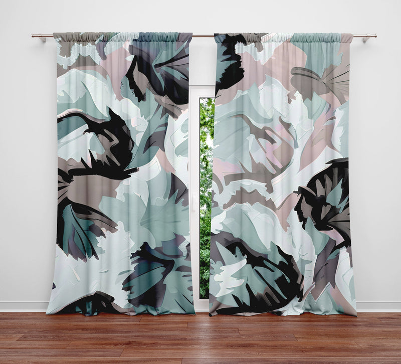 Abstract Window Curtain - Blue and Gray Watercolor Leaves - Deja Blue Studios