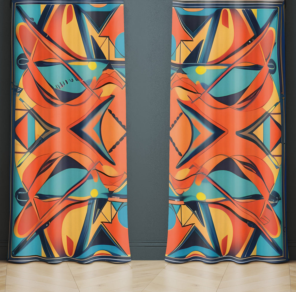 Abstract Window Curtain - Blue and Orange Retro Pattern - Deja Blue Studios