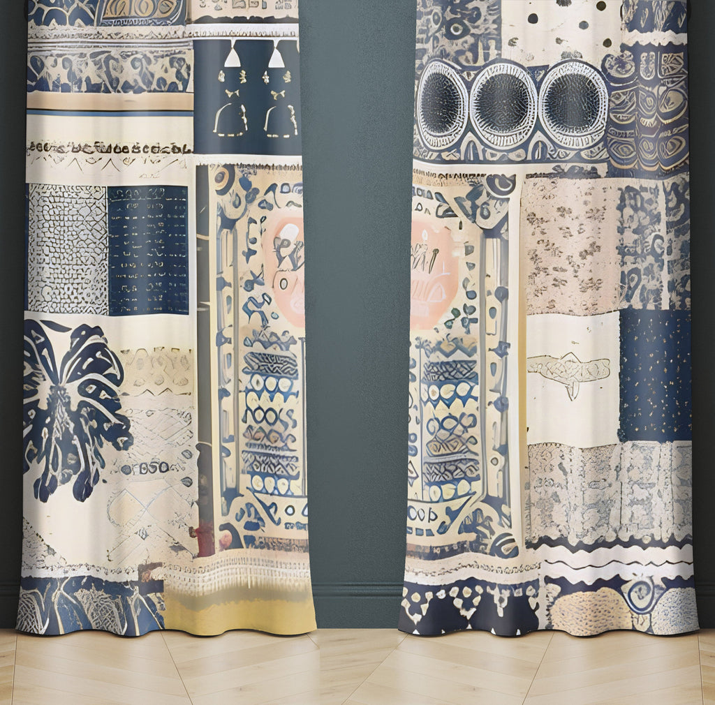 Abstract Window Curtain - Steel Blue and Tan Quilted Pattern - Deja Blue Studios