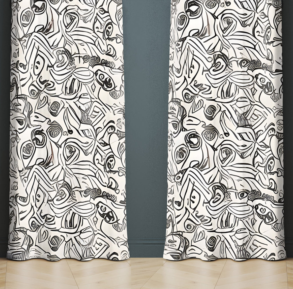 Abstract Window Curtain - Black and White Swirly Rabbits - Deja Blue Studios